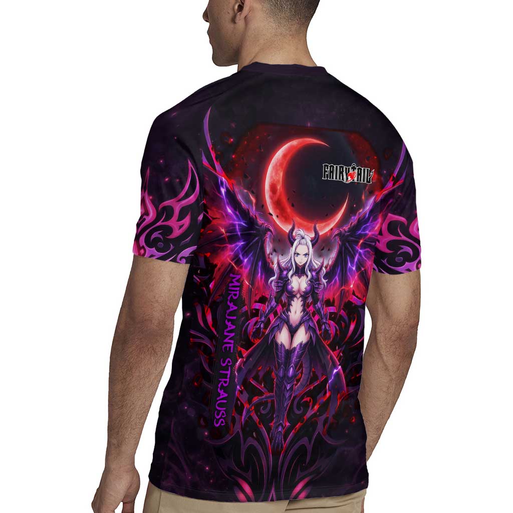 Mirajane Strauss Demon Form Fairy Tail Rugby Jersey Crimson Moon Demon Aesthetic with Gothic Purple Tribal Design