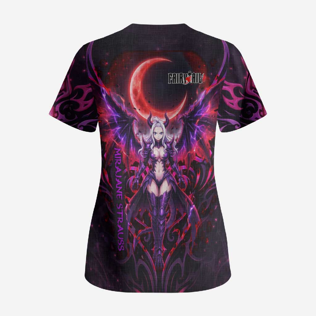 Mirajane Strauss Demon Form Fairy Tail Scrub Top Crimson Moon Demon Aesthetic with Gothic Purple Tribal Design