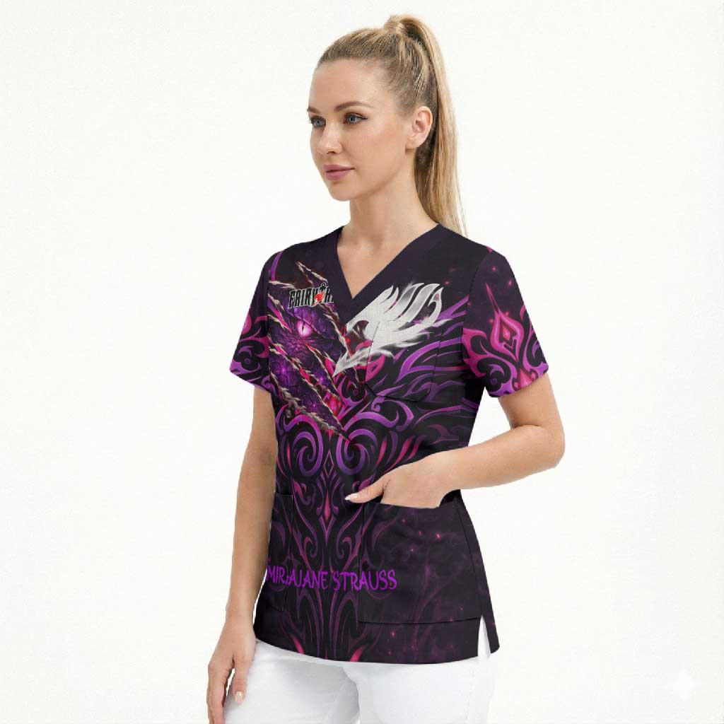 Mirajane Strauss Demon Form Fairy Tail Scrub Top Crimson Moon Demon Aesthetic with Gothic Purple Tribal Design