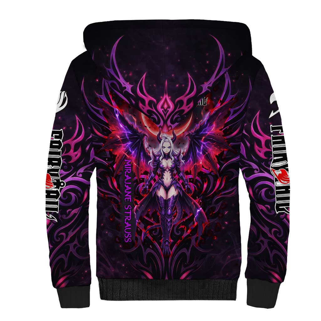 Mirajane Strauss Demon Form Fairy Tail Sherpa Hoodie Crimson Moon Demon Aesthetic with Gothic Purple Tribal Design