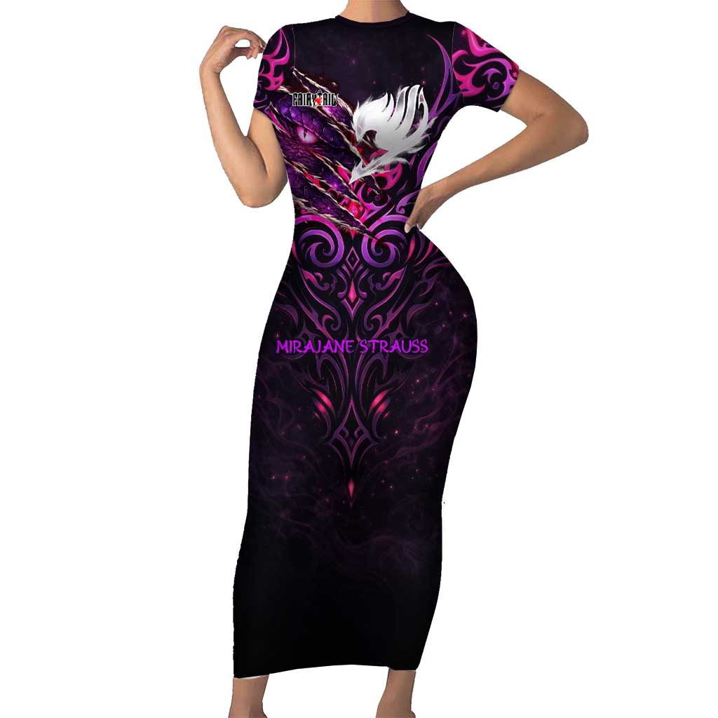 Mirajane Strauss Demon Form Fairy Tail Short Sleeve Bodycon Dress Crimson Moon Demon Aesthetic with Gothic Purple Tribal Design