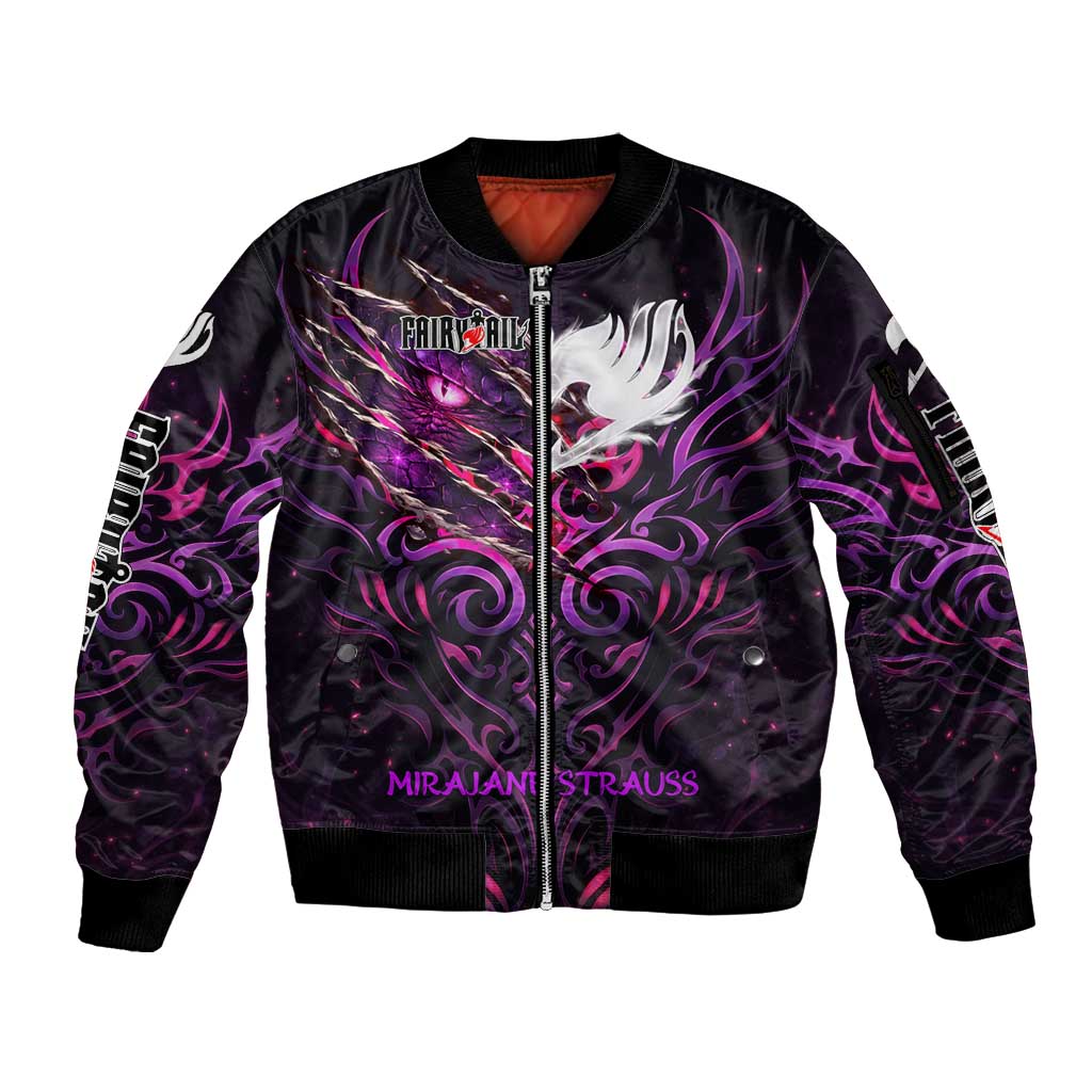 Mirajane Strauss Demon Form Fairy Tail Sleeve Zip Bomber Jacket Crimson Moon Demon Aesthetic with Gothic Purple Tribal Design