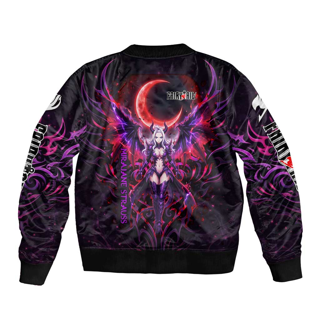 Mirajane Strauss Demon Form Fairy Tail Sleeve Zip Bomber Jacket Crimson Moon Demon Aesthetic with Gothic Purple Tribal Design