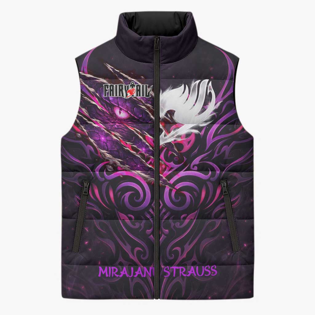 Mirajane Strauss Demon Form Fairy Tail Sleeveless Puffer Jacket Crimson Moon Demon Aesthetic with Gothic Purple Tribal Design