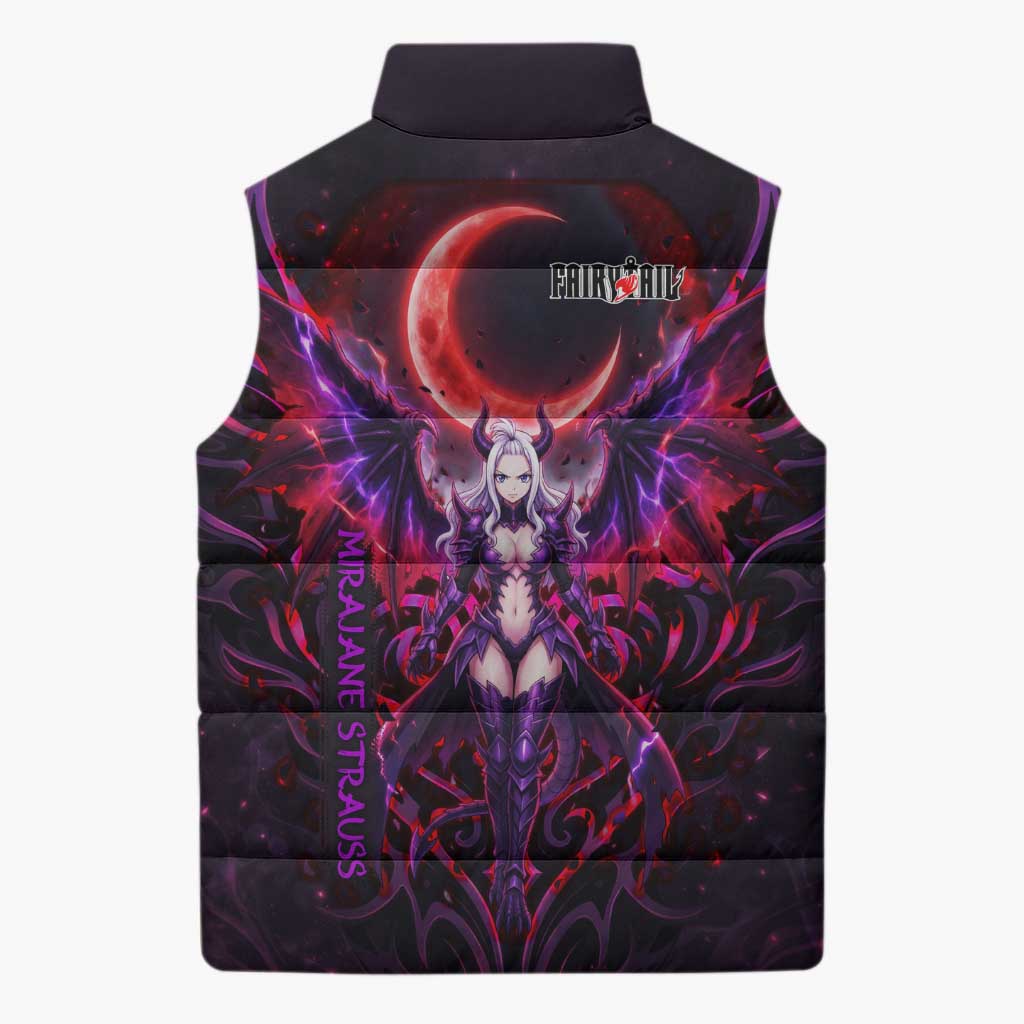 Mirajane Strauss Demon Form Fairy Tail Sleeveless Puffer Jacket Crimson Moon Demon Aesthetic with Gothic Purple Tribal Design
