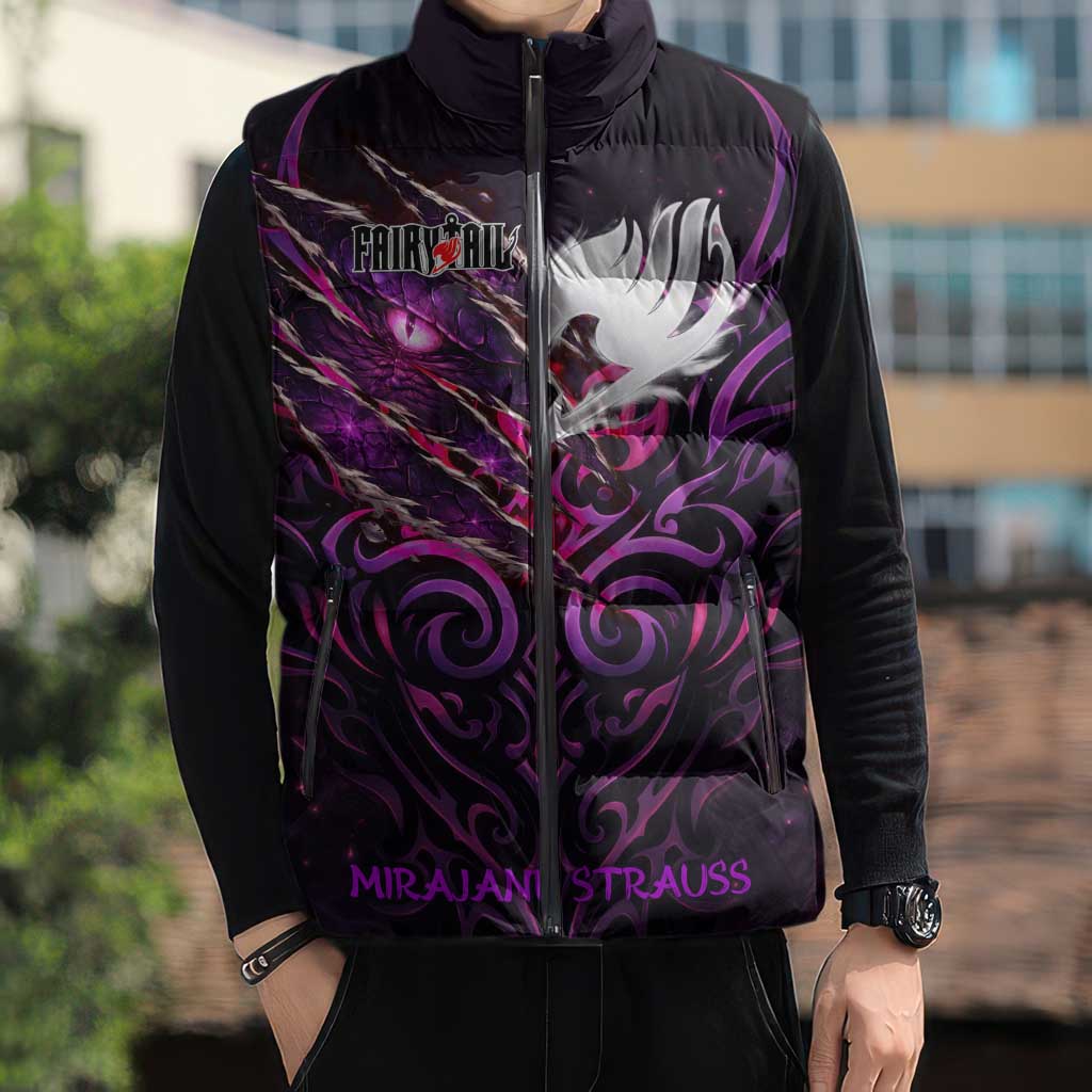 Mirajane Strauss Demon Form Fairy Tail Sleeveless Puffer Jacket Crimson Moon Demon Aesthetic with Gothic Purple Tribal Design