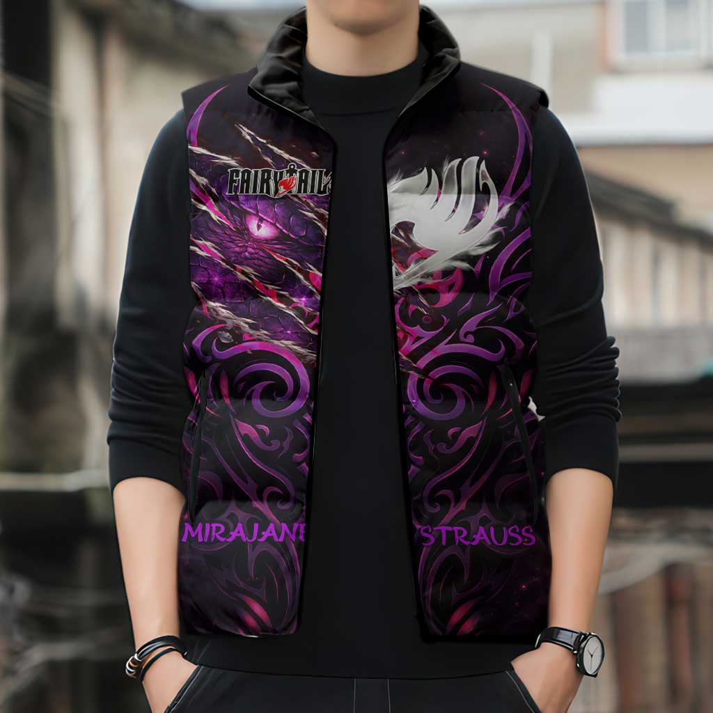 Mirajane Strauss Demon Form Fairy Tail Sleeveless Puffer Jacket Crimson Moon Demon Aesthetic with Gothic Purple Tribal Design