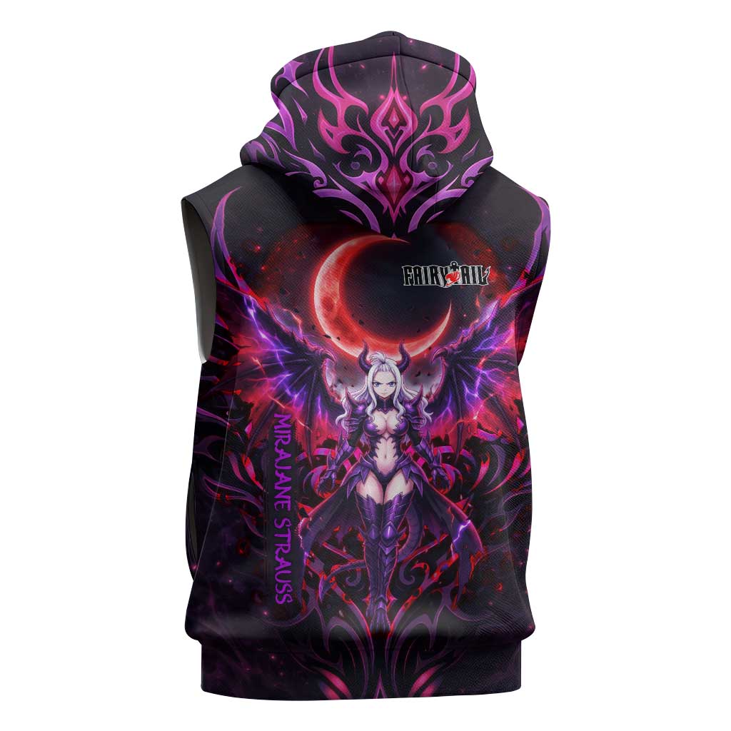 Mirajane Strauss Demon Form Fairy Tail Sleeveless Zip Hoodie Crimson Moon Demon Aesthetic with Gothic Purple Tribal Design