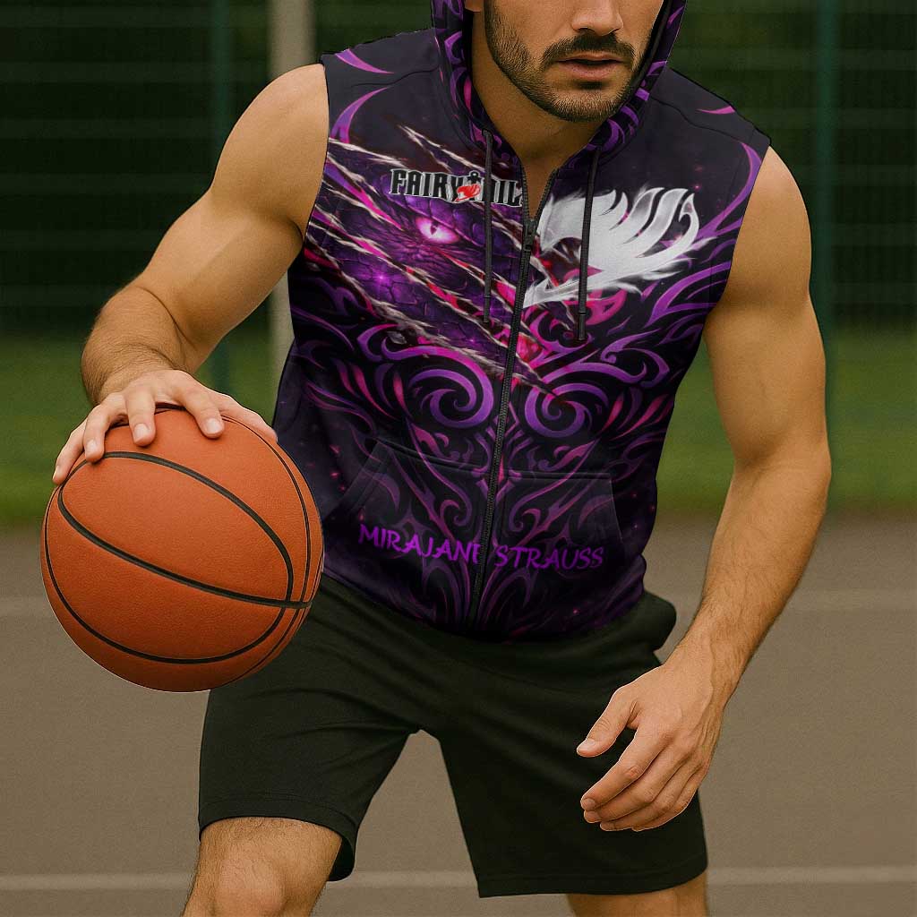 Mirajane Strauss Demon Form Fairy Tail Sleeveless Zip Hoodie Crimson Moon Demon Aesthetic with Gothic Purple Tribal Design