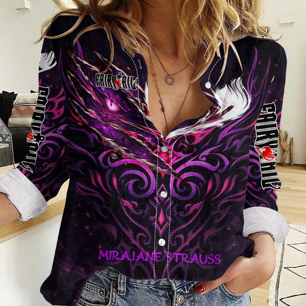 Mirajane Strauss Demon Form Fairy Tail Women Casual Shirt Crimson Moon Demon Aesthetic with Gothic Purple Tribal Design