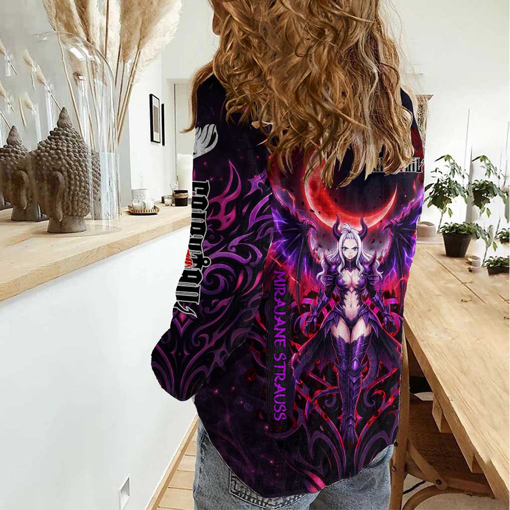 Mirajane Strauss Demon Form Fairy Tail Women Casual Shirt Crimson Moon Demon Aesthetic with Gothic Purple Tribal Design