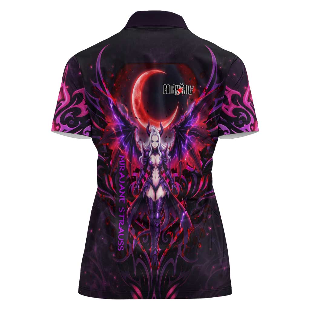 Mirajane Strauss Demon Form Fairy Tail Women Polo Shirt Crimson Moon Demon Aesthetic with Gothic Purple Tribal Design