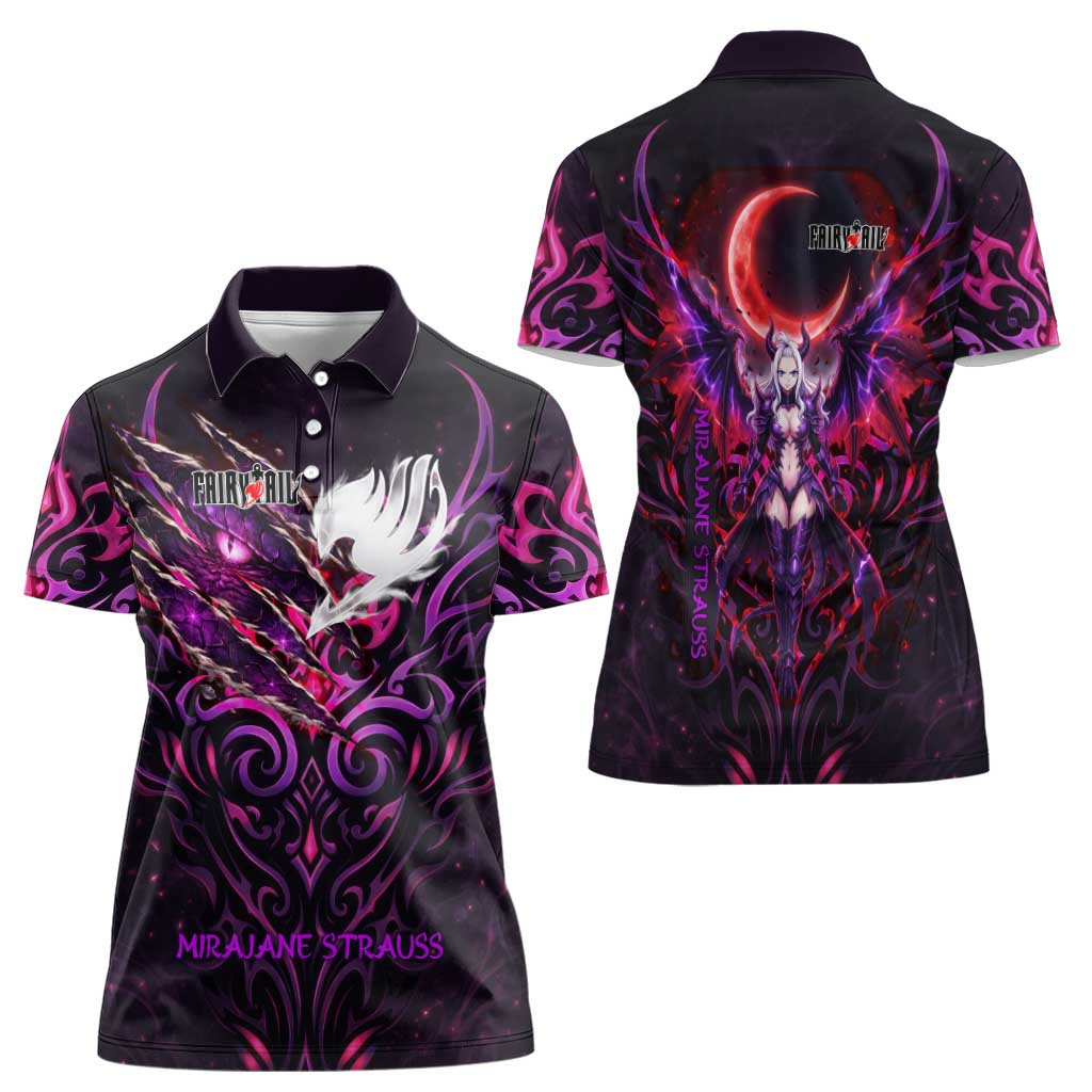 Mirajane Strauss Demon Form Fairy Tail Women Polo Shirt Crimson Moon Demon Aesthetic with Gothic Purple Tribal Design