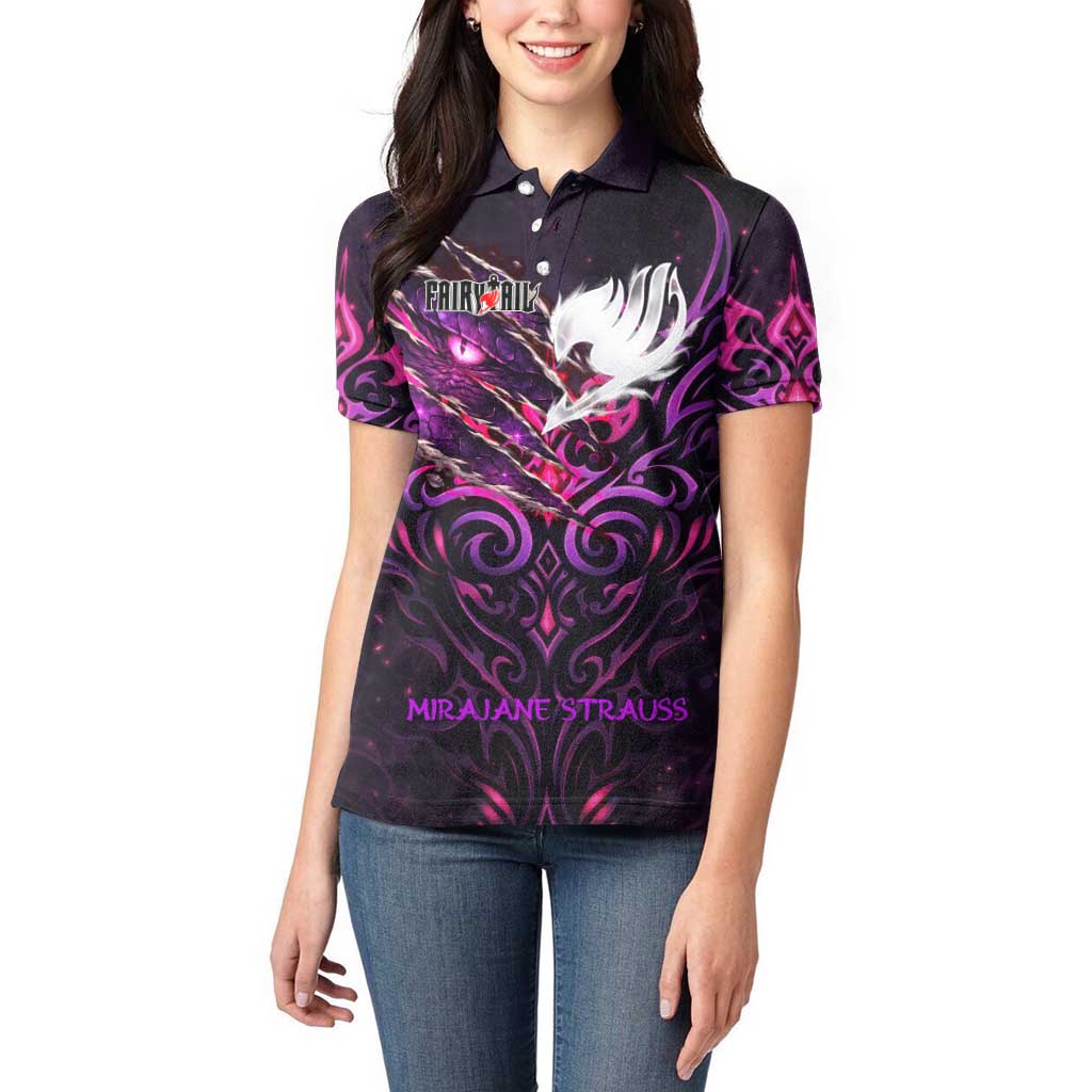 Mirajane Strauss Demon Form Fairy Tail Women Polo Shirt Crimson Moon Demon Aesthetic with Gothic Purple Tribal Design