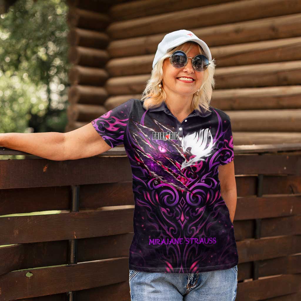 Mirajane Strauss Demon Form Fairy Tail Women Polo Shirt Crimson Moon Demon Aesthetic with Gothic Purple Tribal Design