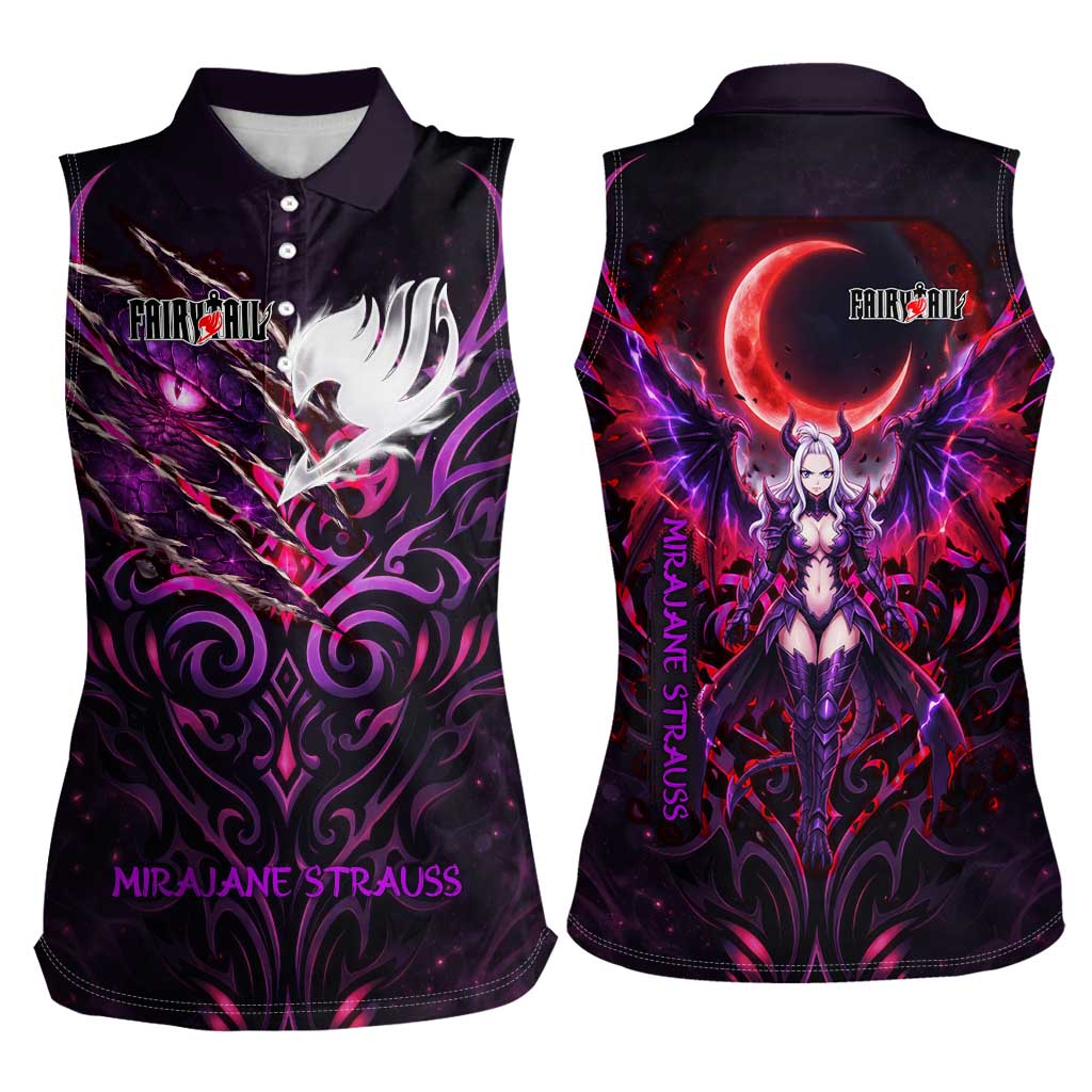 Mirajane Strauss Demon Form Fairy Tail Women Sleeveless Polo Shirt Crimson Moon Demon Aesthetic with Gothic Purple Tribal Design