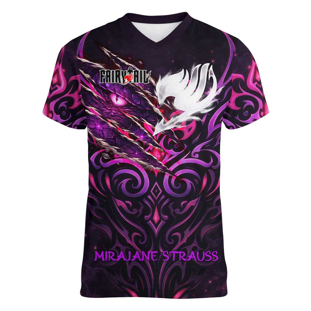 Mirajane Strauss Demon Form Fairy Tail Women V-Neck T-Shirt Crimson Moon Demon Aesthetic with Gothic Purple Tribal Design