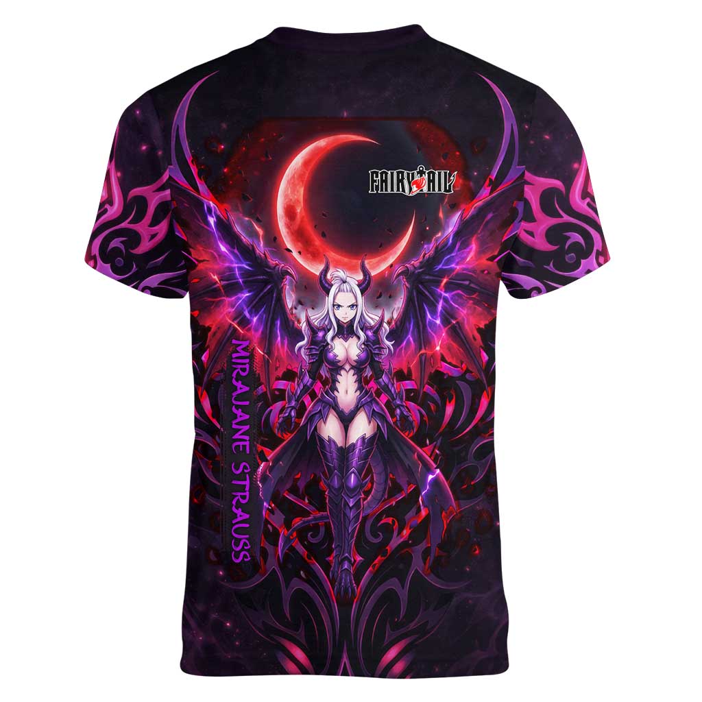 Mirajane Strauss Demon Form Fairy Tail Women V-Neck T-Shirt Crimson Moon Demon Aesthetic with Gothic Purple Tribal Design