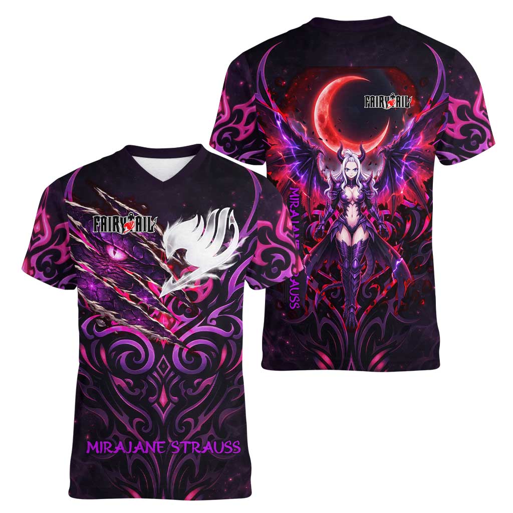 Mirajane Strauss Demon Form Fairy Tail Women V-Neck T-Shirt Crimson Moon Demon Aesthetic with Gothic Purple Tribal Design