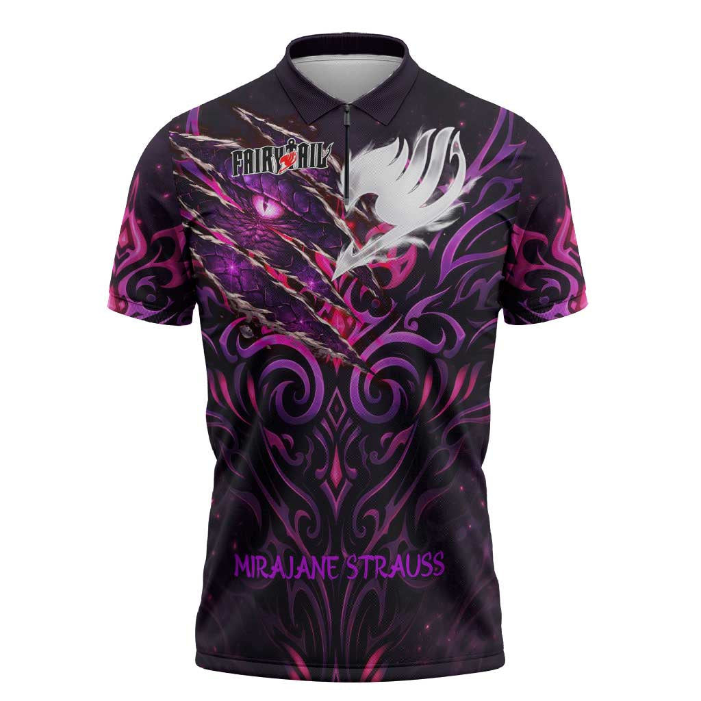 Mirajane Strauss Demon Form Fairy Tail Zipper Polo Shirt Crimson Moon Demon Aesthetic with Gothic Purple Tribal Design