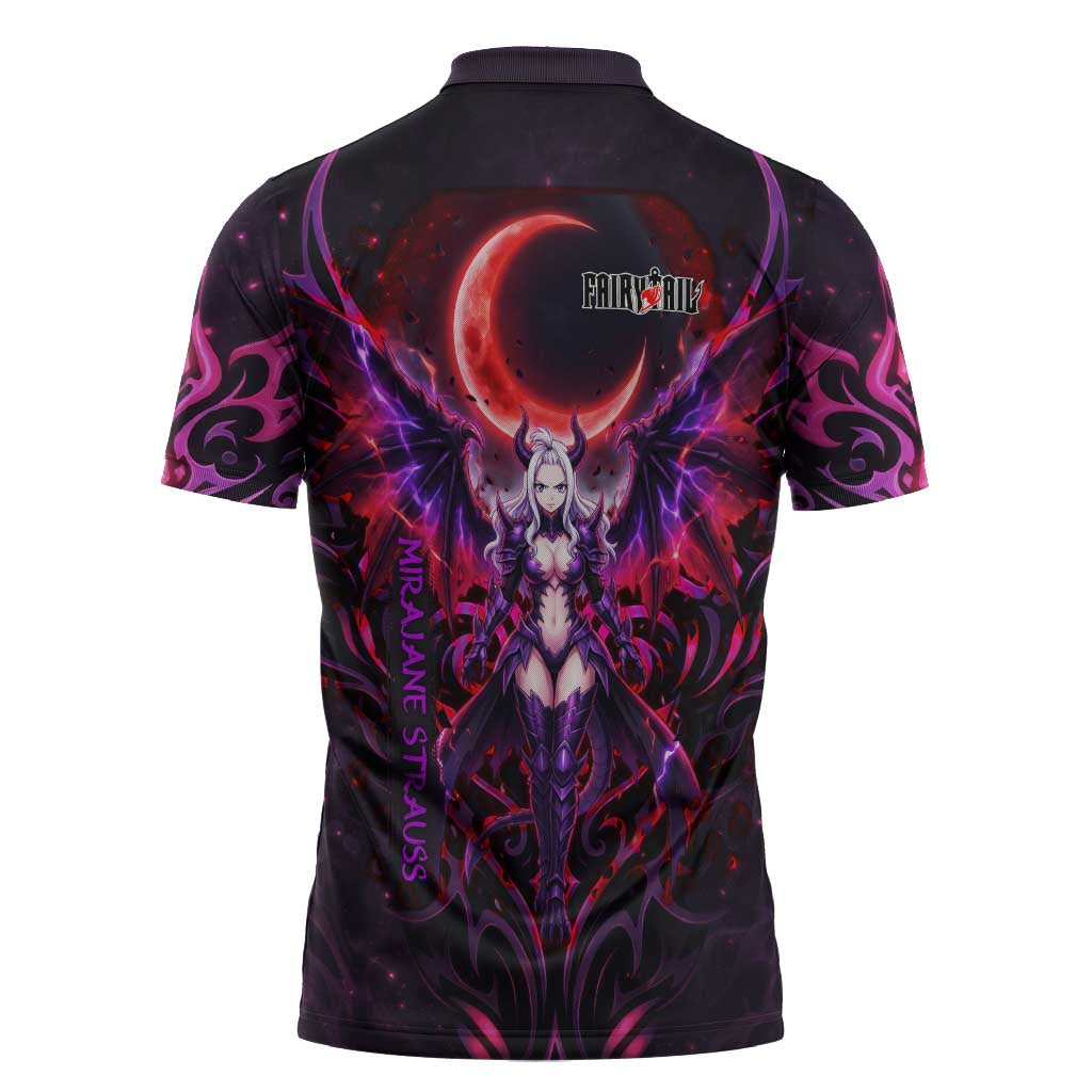 Mirajane Strauss Demon Form Fairy Tail Zipper Polo Shirt Crimson Moon Demon Aesthetic with Gothic Purple Tribal Design