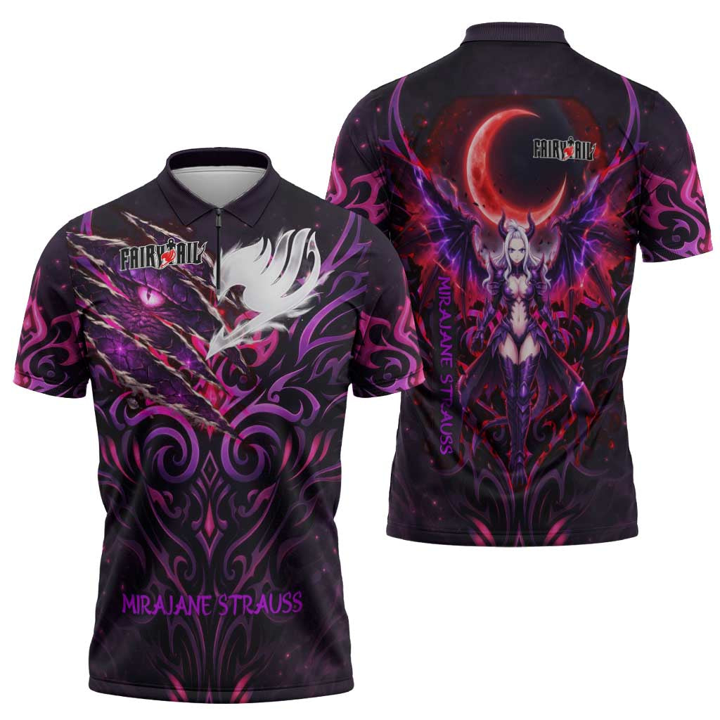 Mirajane Strauss Demon Form Fairy Tail Zipper Polo Shirt Crimson Moon Demon Aesthetic with Gothic Purple Tribal Design
