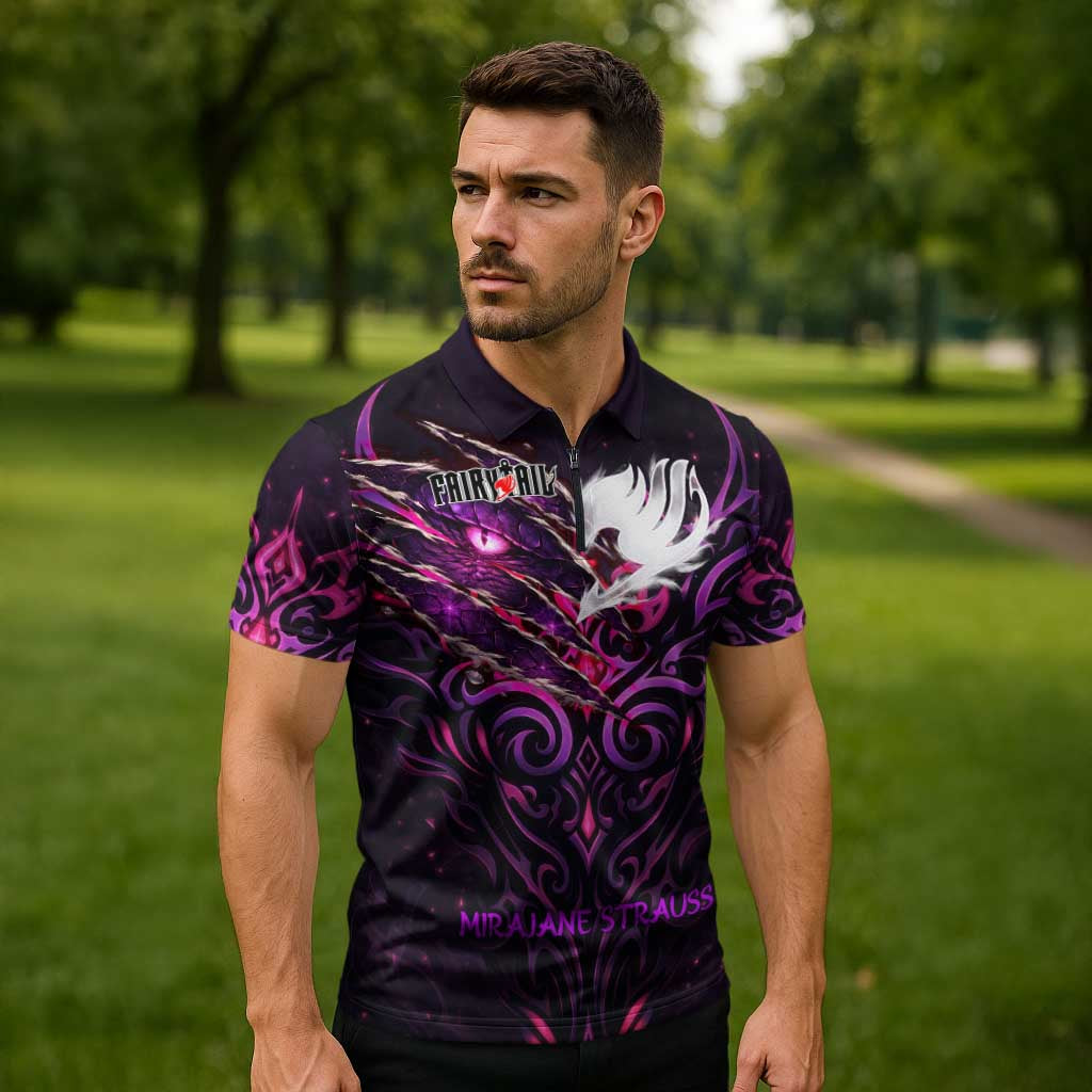 Mirajane Strauss Demon Form Fairy Tail Zipper Polo Shirt Crimson Moon Demon Aesthetic with Gothic Purple Tribal Design