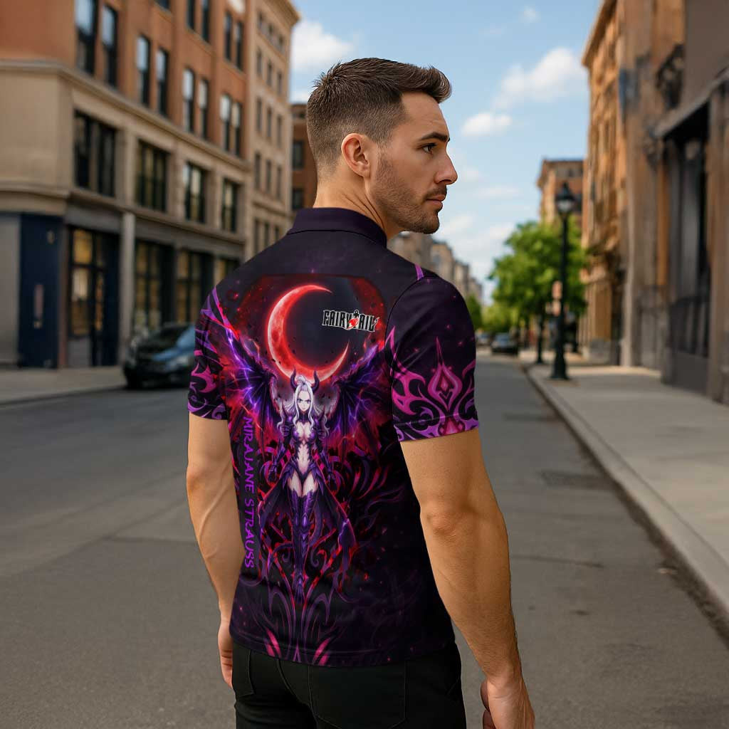 Mirajane Strauss Demon Form Fairy Tail Zipper Polo Shirt Crimson Moon Demon Aesthetic with Gothic Purple Tribal Design