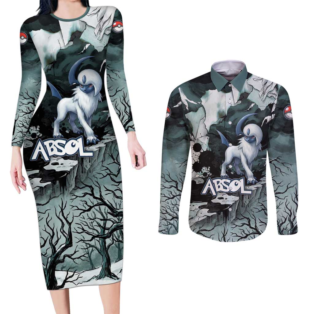 Absol Couples Matching Long Sleeve Bodycon Dress and Long Sleeve Button Shirt Gothic Apocalypse Ink Art