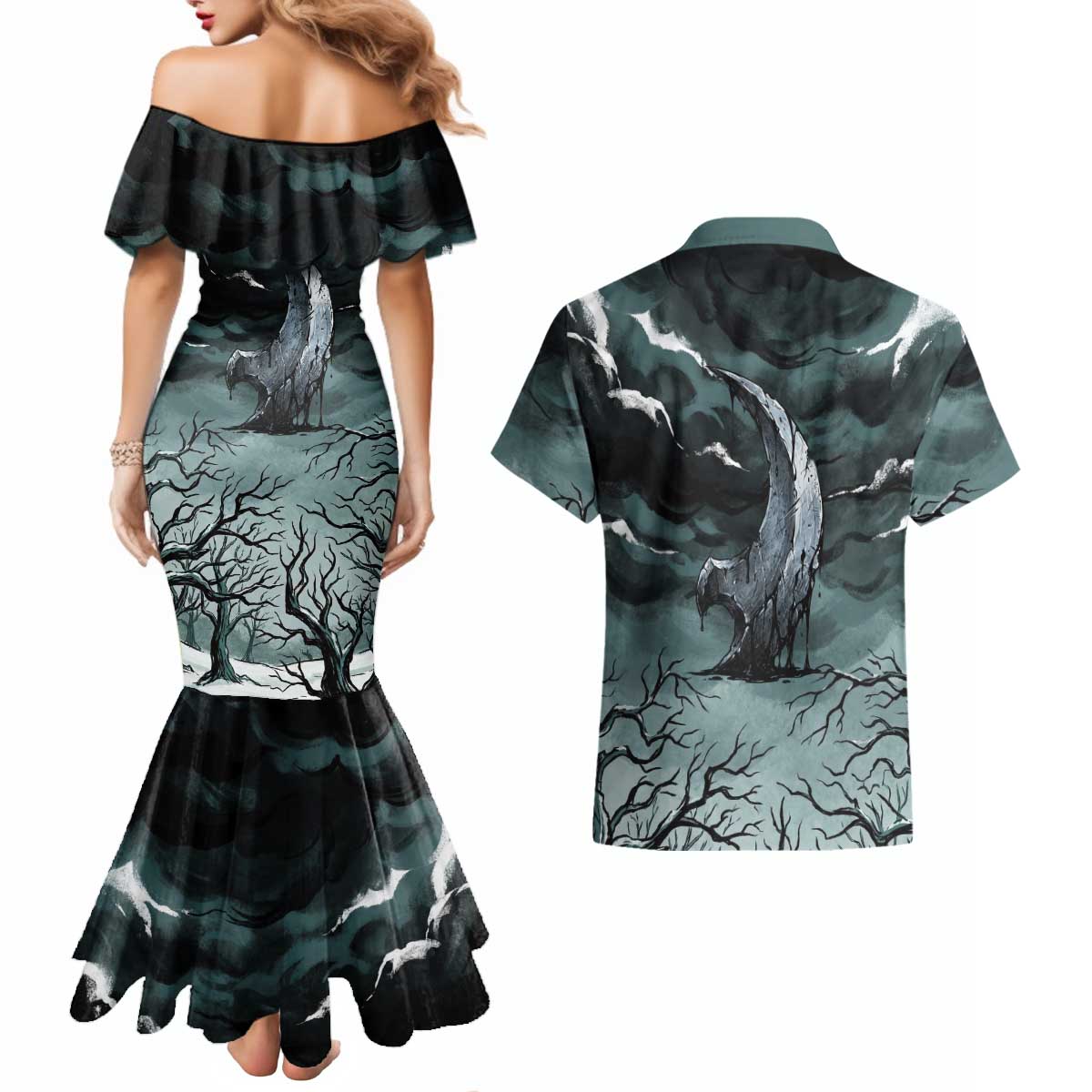 Absol Couples Matching Mermaid Dress and Hawaiian Shirt Gothic Apocalypse Ink Art
