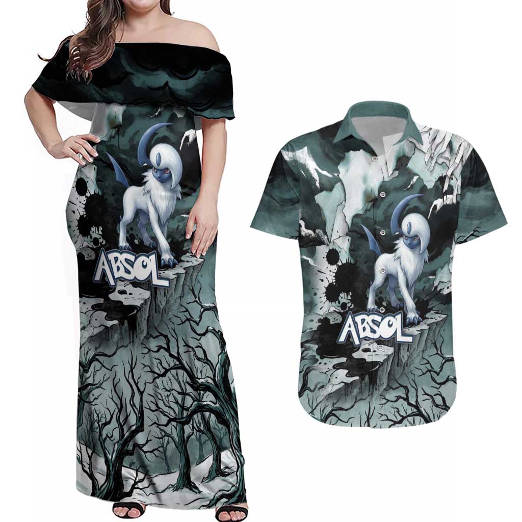 Absol Couples Matching Off Shoulder Maxi Dress and Hawaiian Shirt Gothic Apocalypse Ink Art