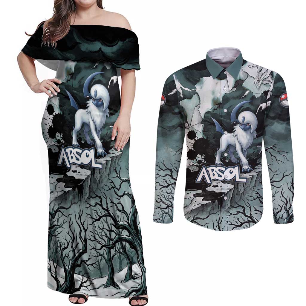 Absol Couples Matching Off Shoulder Maxi Dress and Long Sleeve Button Shirt Gothic Apocalypse Ink Art