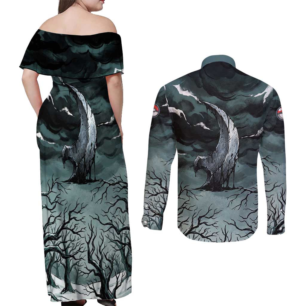 Absol Couples Matching Off Shoulder Maxi Dress and Long Sleeve Button Shirt Gothic Apocalypse Ink Art