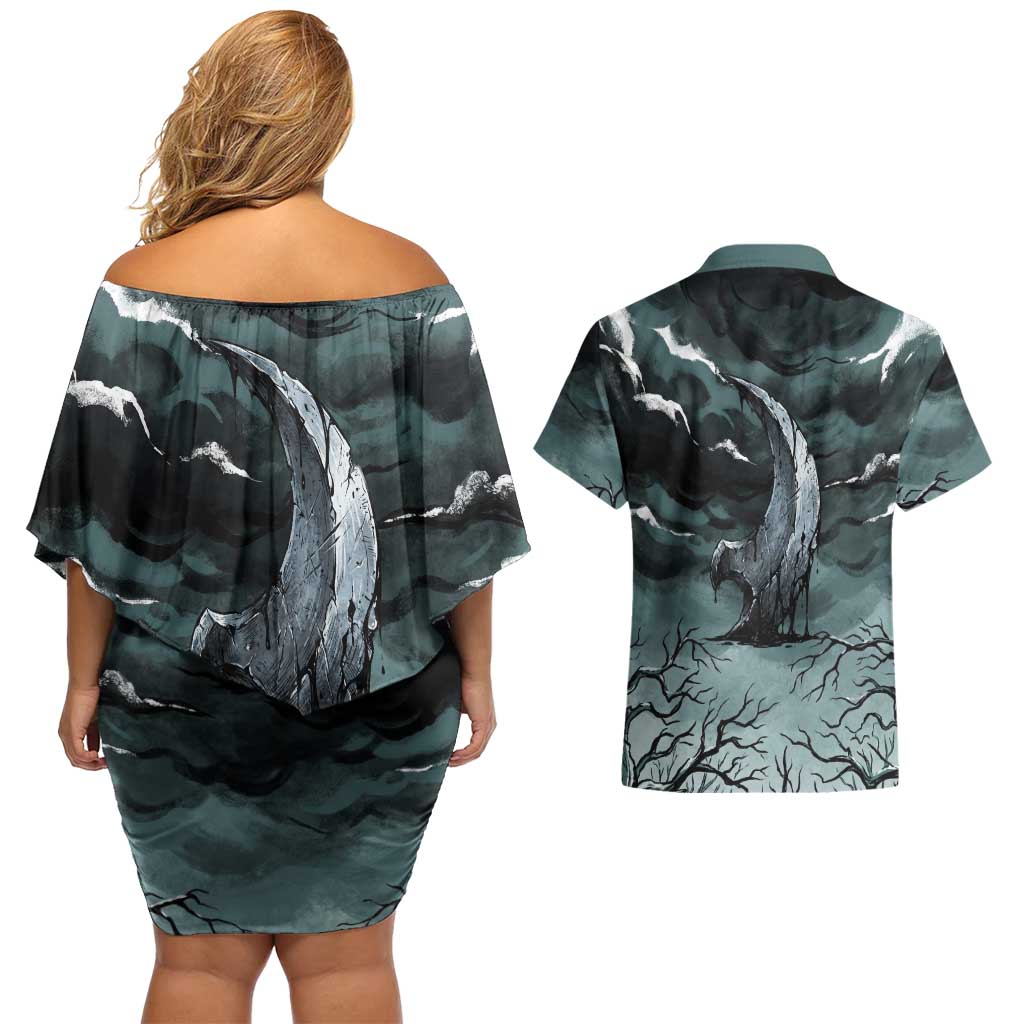 Absol Couples Matching Off Shoulder Short Dress and Hawaiian Shirt Gothic Apocalypse Ink Art