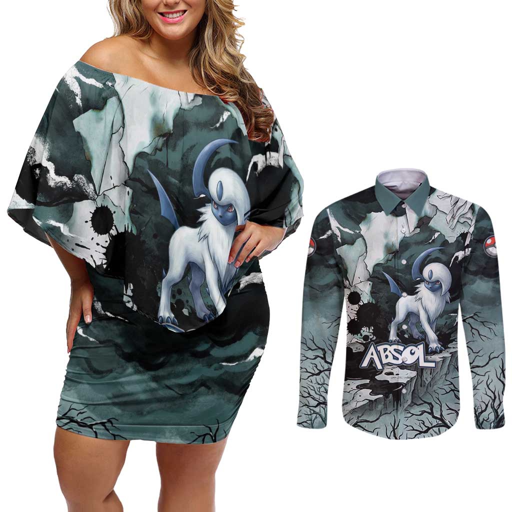 Absol Couples Matching Off Shoulder Short Dress and Long Sleeve Button Shirt Gothic Apocalypse Ink Art