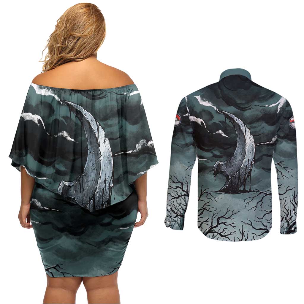 Absol Couples Matching Off Shoulder Short Dress and Long Sleeve Button Shirt Gothic Apocalypse Ink Art
