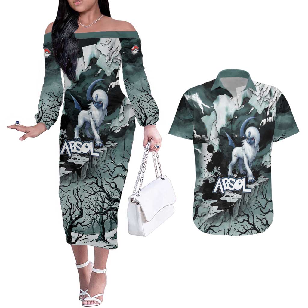 Absol Couples Matching Off The Shoulder Long Sleeve Dress and Hawaiian Shirt Gothic Apocalypse Ink Art