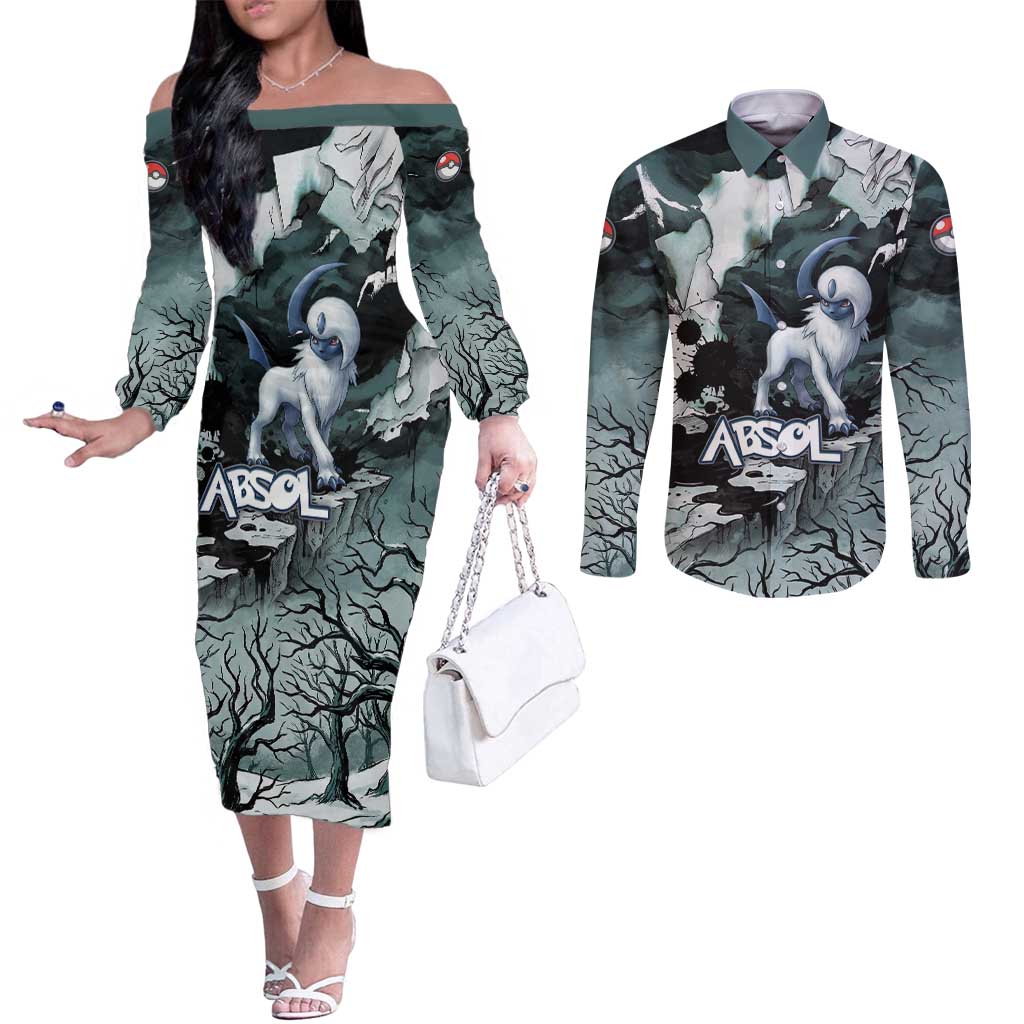 Absol Couples Matching Off The Shoulder Long Sleeve Dress and Long Sleeve Button Shirt Gothic Apocalypse Ink Art