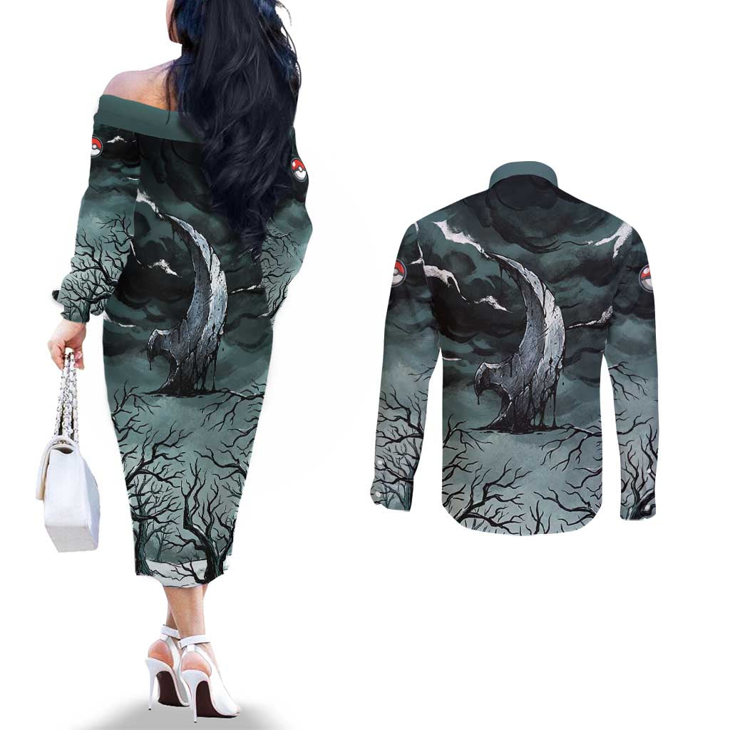 Absol Couples Matching Off The Shoulder Long Sleeve Dress and Long Sleeve Button Shirt Gothic Apocalypse Ink Art
