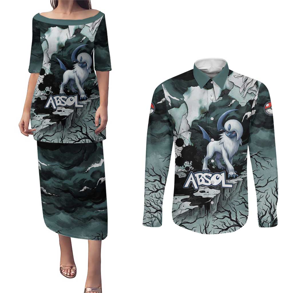 Absol Couples Matching Puletasi and Long Sleeve Button Shirt Gothic Apocalypse Ink Art