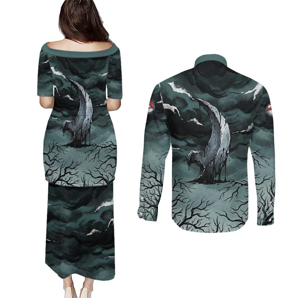 Absol Couples Matching Puletasi and Long Sleeve Button Shirt Gothic Apocalypse Ink Art
