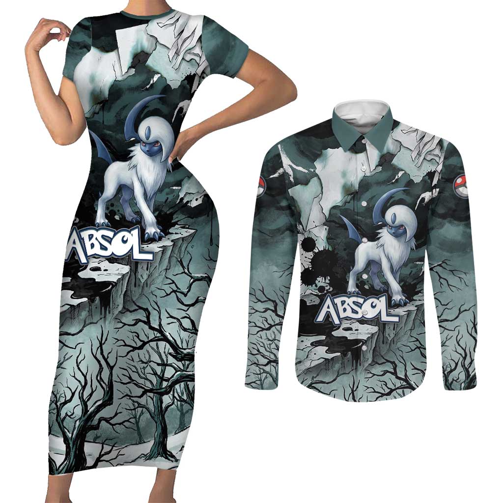 Absol Couples Matching Short Sleeve Bodycon Dress and Long Sleeve Button Shirt Gothic Apocalypse Ink Art