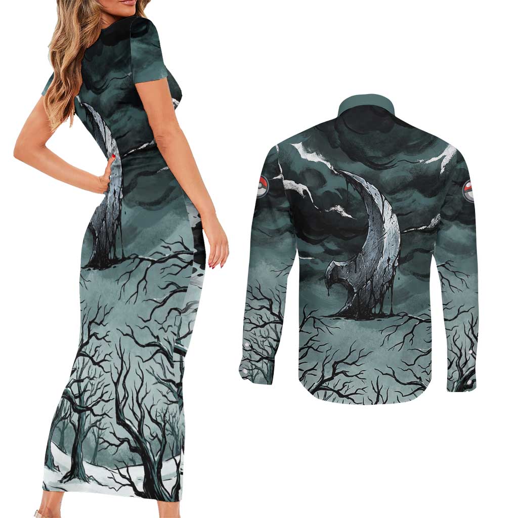 Absol Couples Matching Short Sleeve Bodycon Dress and Long Sleeve Button Shirt Gothic Apocalypse Ink Art