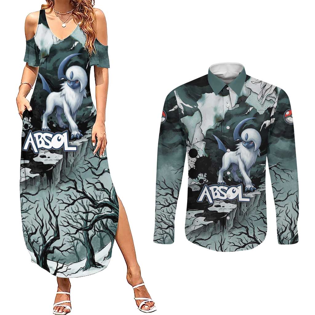 Absol Couples Matching Summer Maxi Dress and Long Sleeve Button Shirt Gothic Apocalypse Ink Art