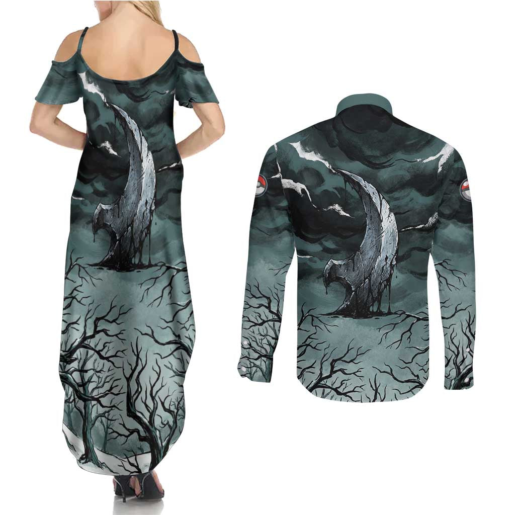 Absol Couples Matching Summer Maxi Dress and Long Sleeve Button Shirt Gothic Apocalypse Ink Art