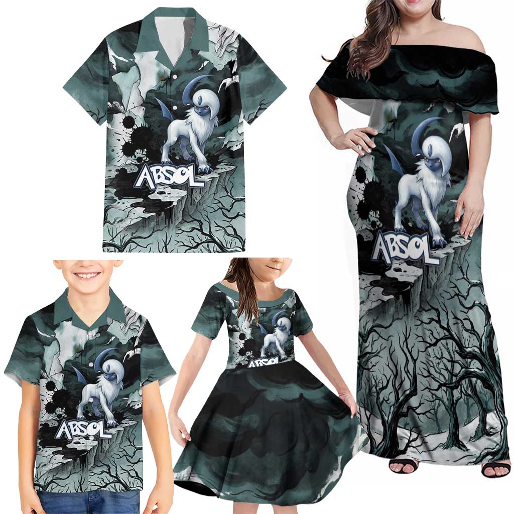 Absol Family Matching Off Shoulder Maxi Dress and Hawaiian Shirt Gothic Apocalypse Ink Art