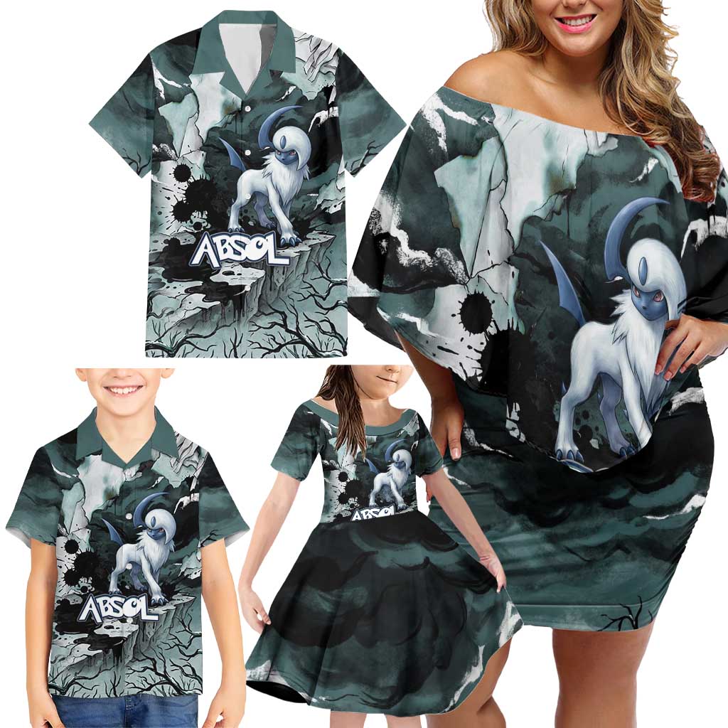 Absol Family Matching Off Shoulder Short Dress and Hawaiian Shirt Gothic Apocalypse Ink Art