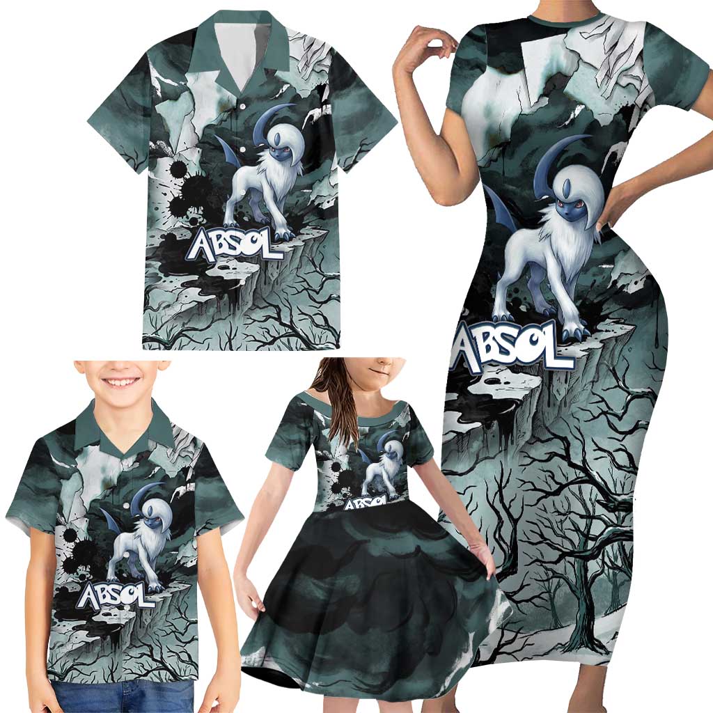 Absol Family Matching Short Sleeve Bodycon Dress and Hawaiian Shirt Gothic Apocalypse Ink Art