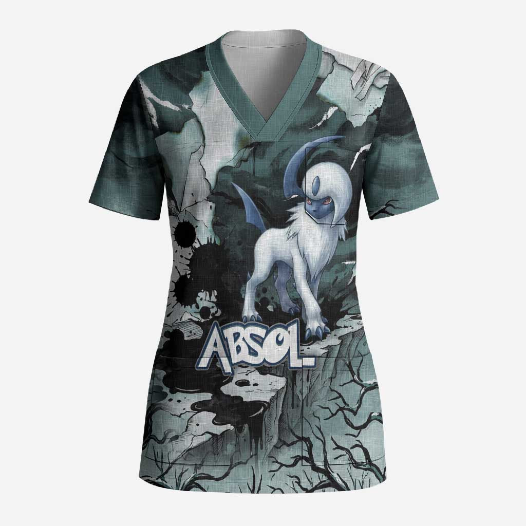 Absol Scrub Top Gothic Apocalypse Ink Art