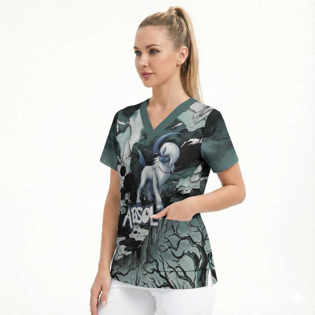 Absol Scrub Top Gothic Apocalypse Ink Art